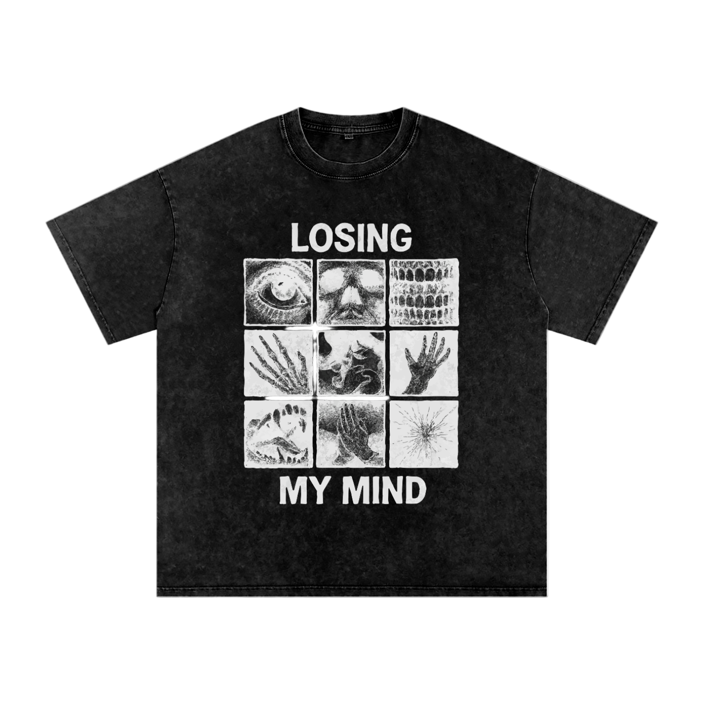Black t-shirt with graphic design and text 'LOSING MY MIND' on a white background