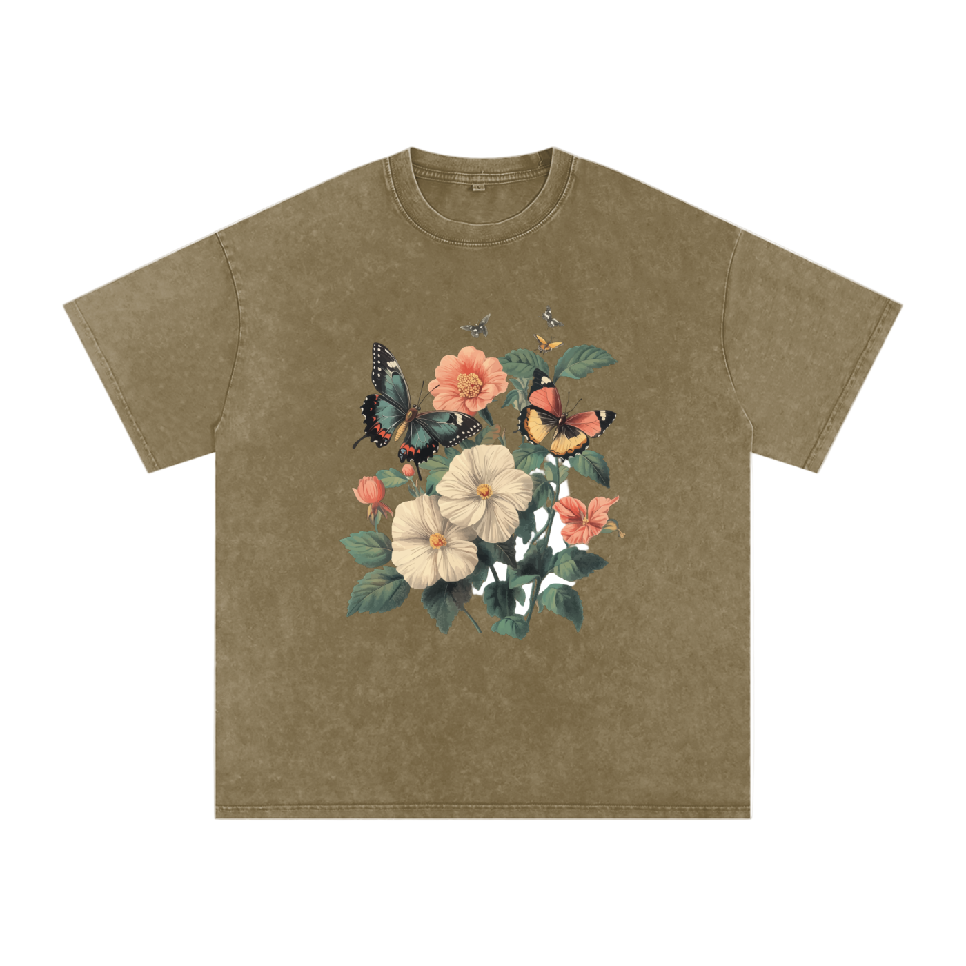 botanical graphic t-shirt,grunge floral fashion,plant and insect design,alternative nature style,nature inspired streetwear,oversized floral shirt,butterfly print tee,aesthetic butterfly top  drop ,drop shoulder casual t-shirt,cottagecore streetwear