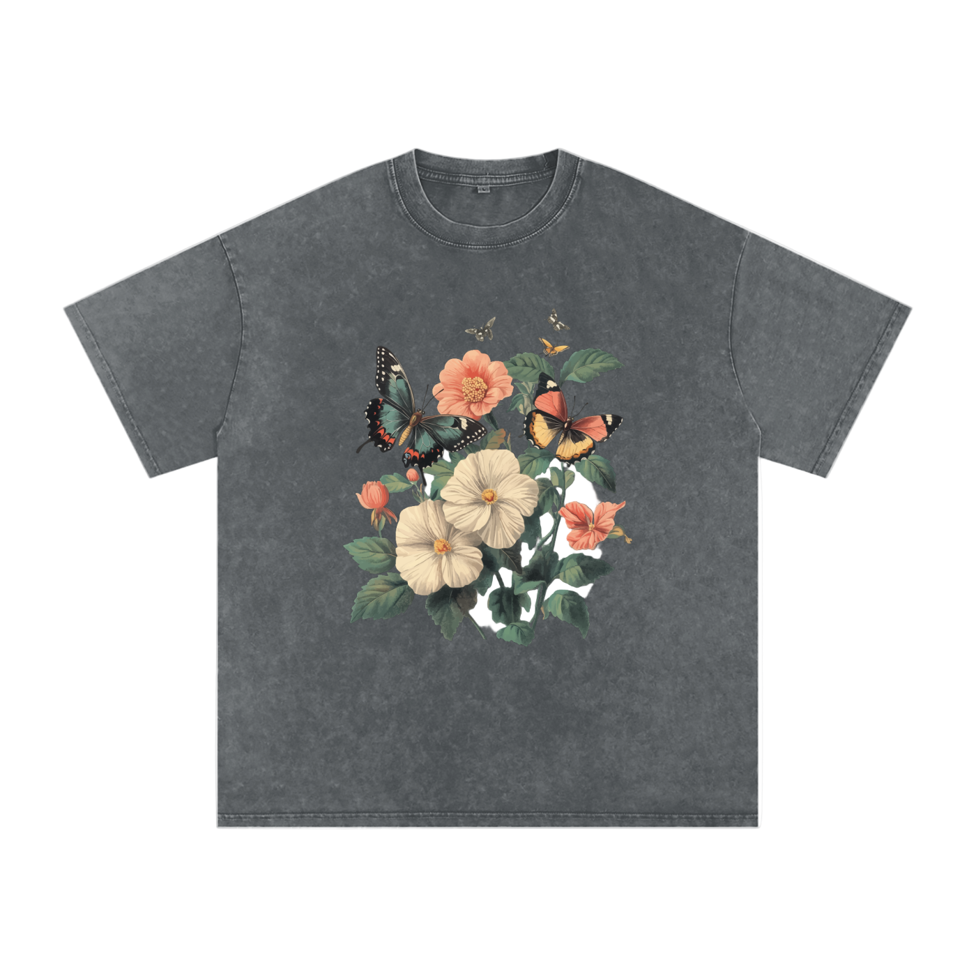 botanical graphic t-shirt,grunge floral fashion,plant and insect design,alternative nature style,nature inspired streetwear,oversized floral shirt,butterfly print tee,aesthetic butterfly top  drop ,drop shoulder casual t-shirt,cottagecore streetwear