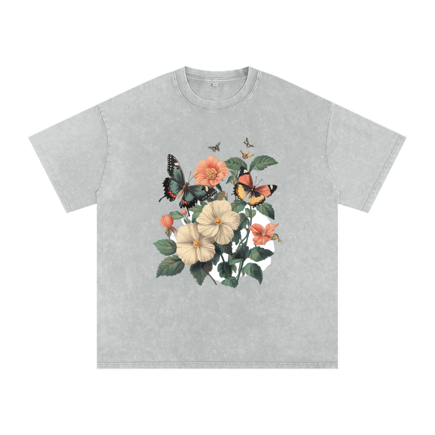 botanical graphic t-shirt,grunge floral fashion,plant and insect design,alternative nature style,nature inspired streetwear,oversized floral shirt,butterfly print tee,aesthetic butterfly top  drop ,drop shoulder casual t-shirt,cottagecore streetwear