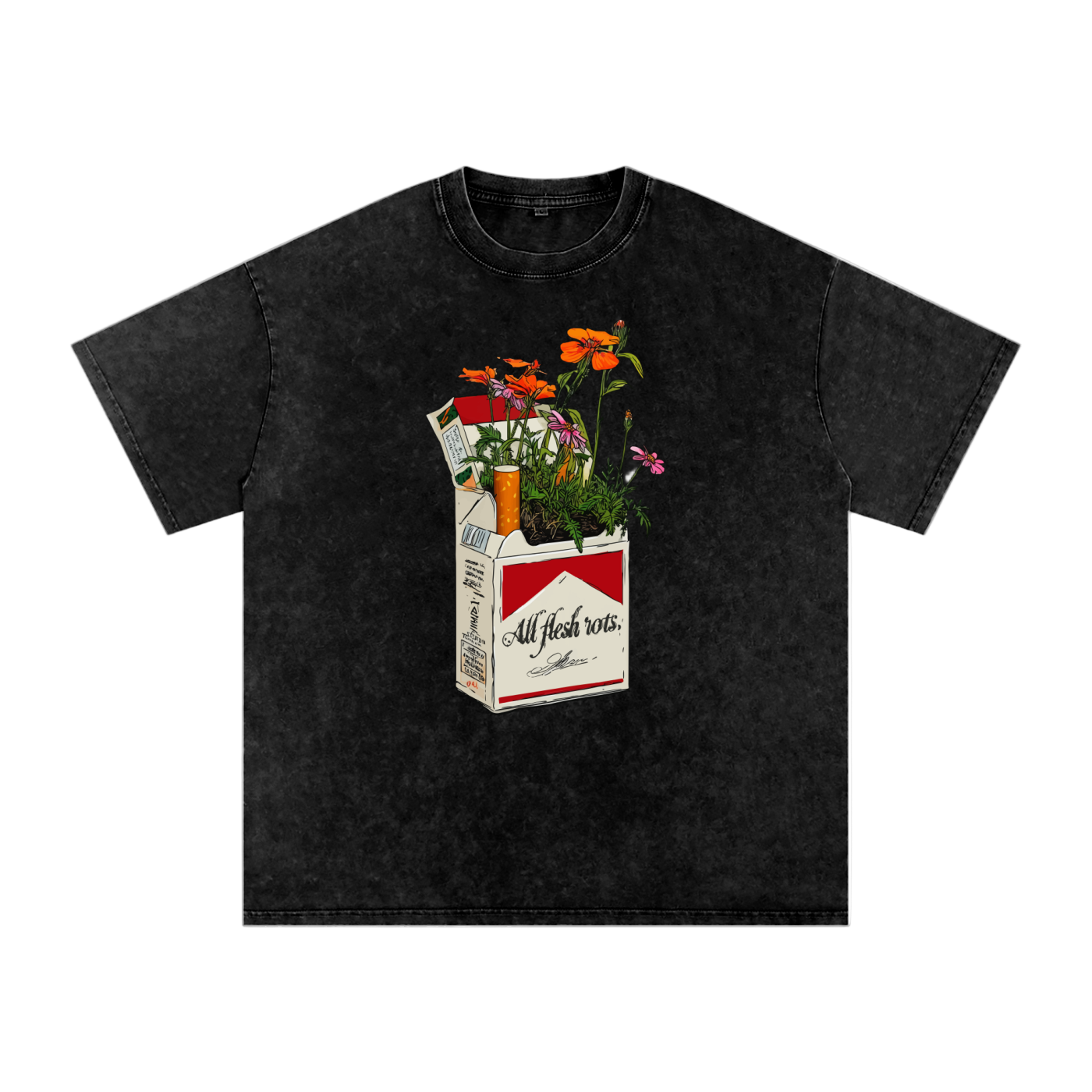 cigarette box flower t-shirt,dark floral streetwear,gothic oversized tee,AllFleshRots unisex fashion,acid wash cotton shirt