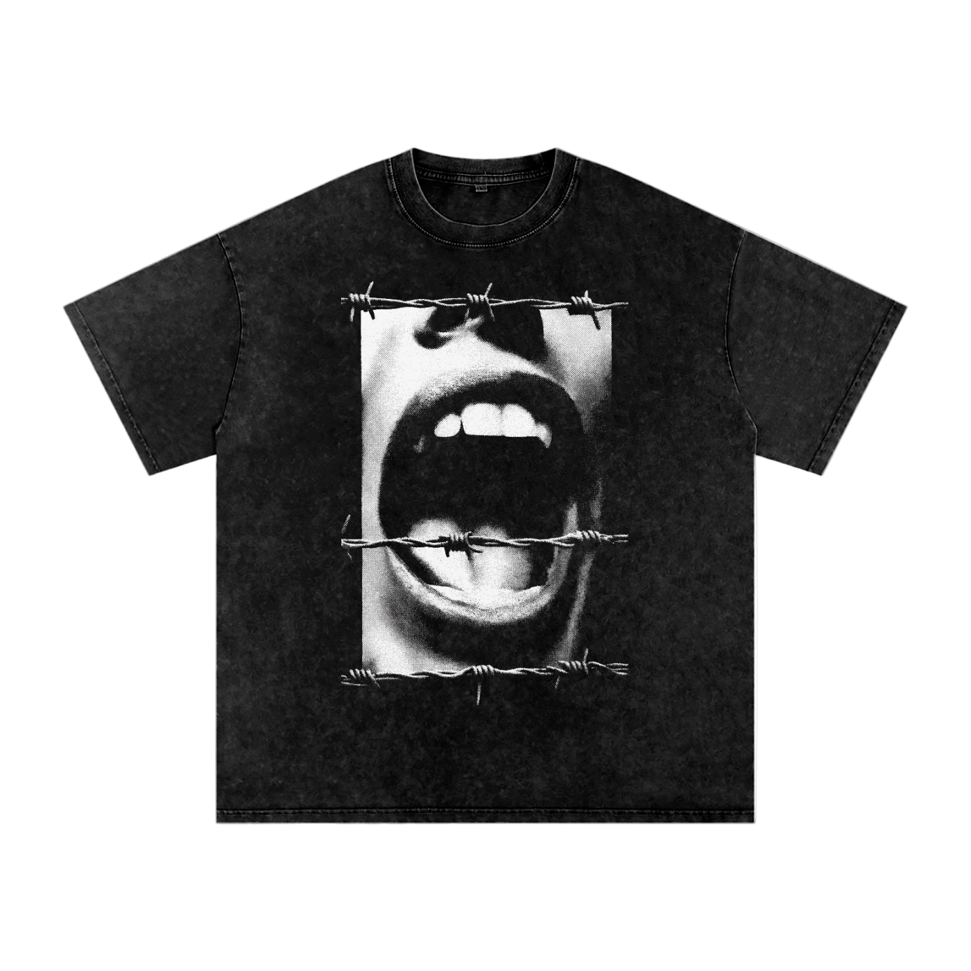 Black t-shirt with a graphic design of a mouth surrounded by barbed wire on a white background