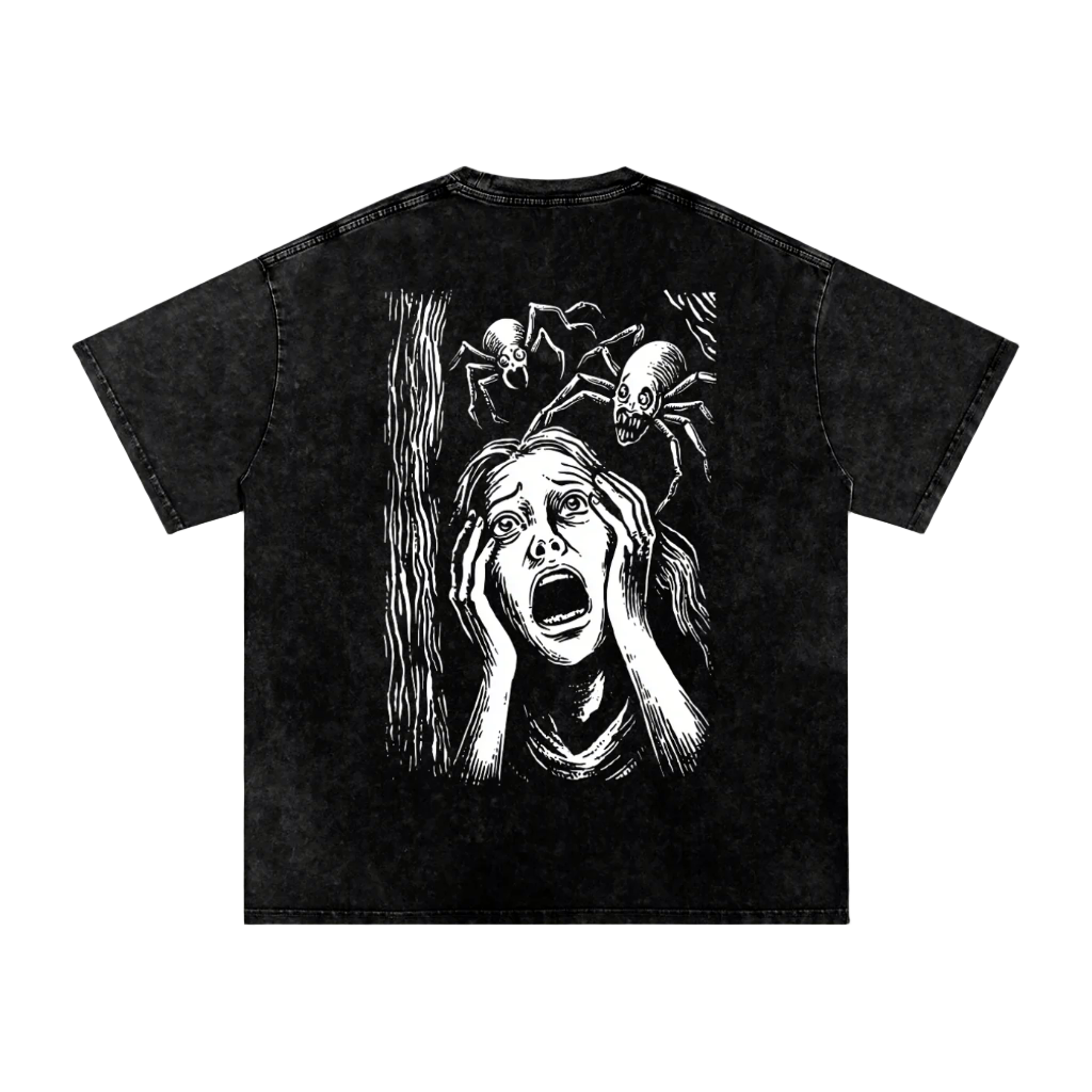 Black t-shirt with a graphic design of a person with spiders on their head on a white background