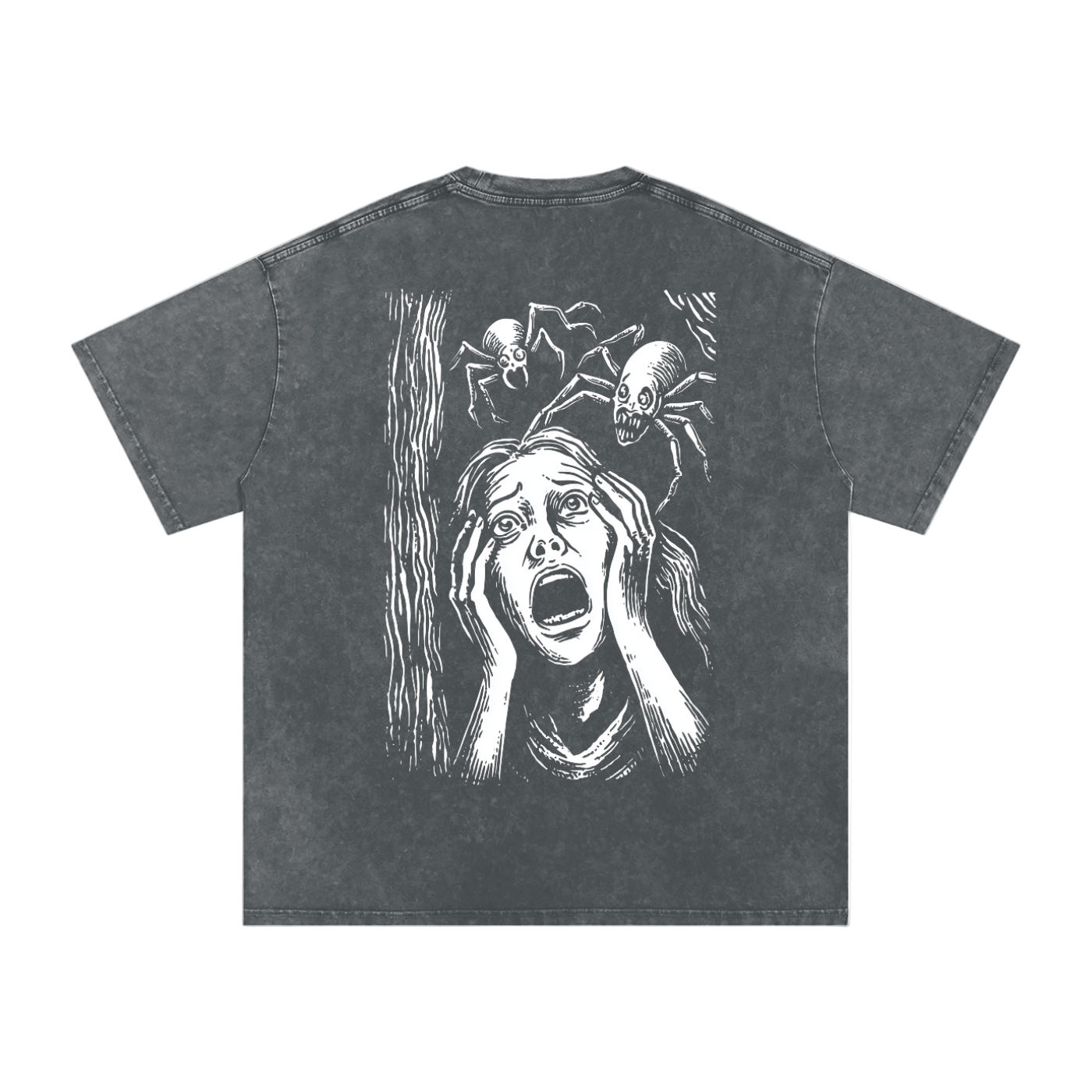 Gray t-shirt with a graphic design of a person with hands over their face and spiders on a white background