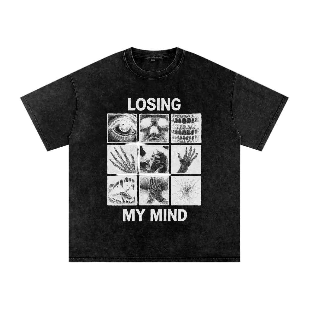 Black t-shirt with graphic design and text 'LOSING MY MIND' on a white background