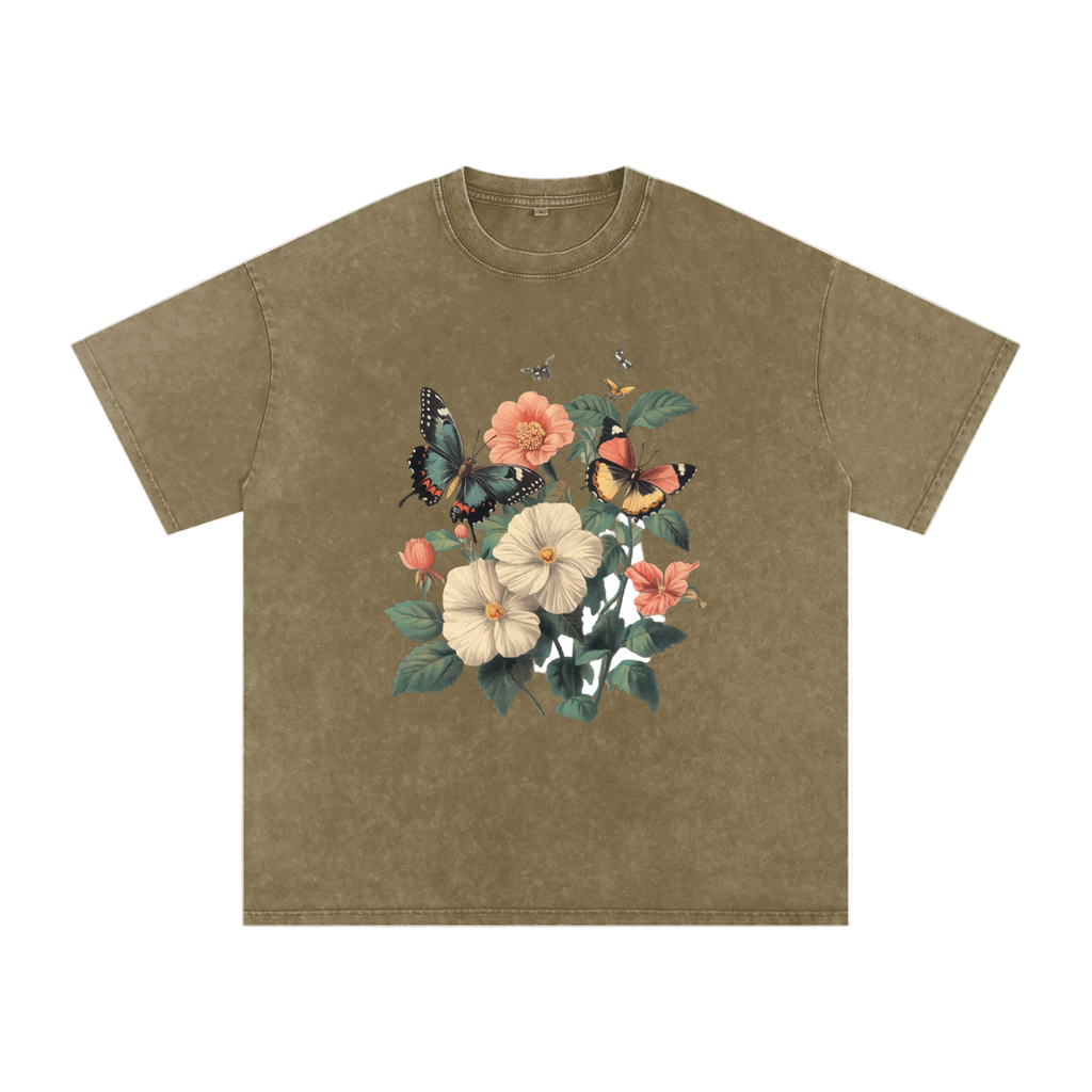 botanical graphic t-shirt,grunge floral fashion,plant and insect design,alternative nature style,nature inspired streetwear,oversized floral shirt,butterfly print tee,aesthetic butterfly top  drop ,drop shoulder casual t-shirt,cottagecore streetwear