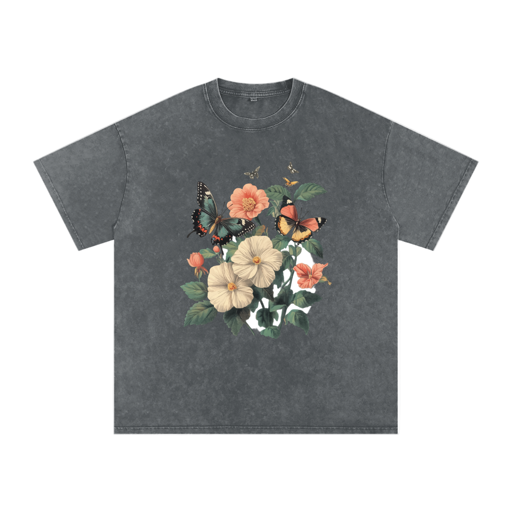 botanical graphic t-shirt,grunge floral fashion,plant and insect design,alternative nature style,nature inspired streetwear,oversized floral shirt,butterfly print tee,aesthetic butterfly top  drop ,drop shoulder casual t-shirt,cottagecore streetwear