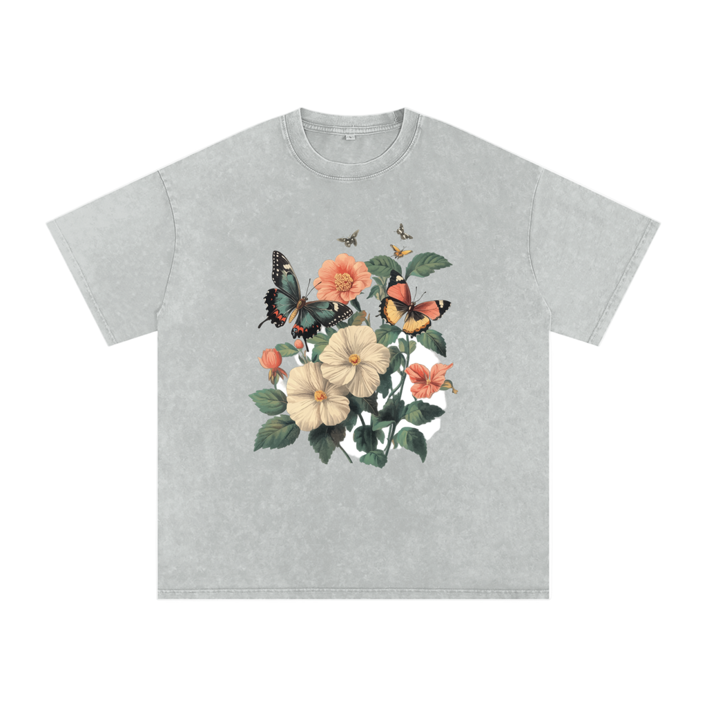botanical graphic t-shirt,grunge floral fashion,plant and insect design,alternative nature style,nature inspired streetwear,oversized floral shirt,butterfly print tee,aesthetic butterfly top  drop ,drop shoulder casual t-shirt,cottagecore streetwear