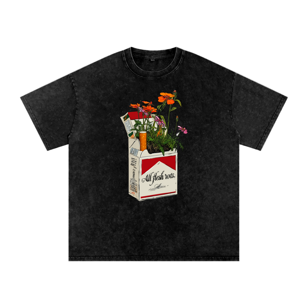 cigarette box flower t-shirt,dark floral streetwear,gothic oversized tee,AllFleshRots unisex fashion,acid wash cotton shirt
