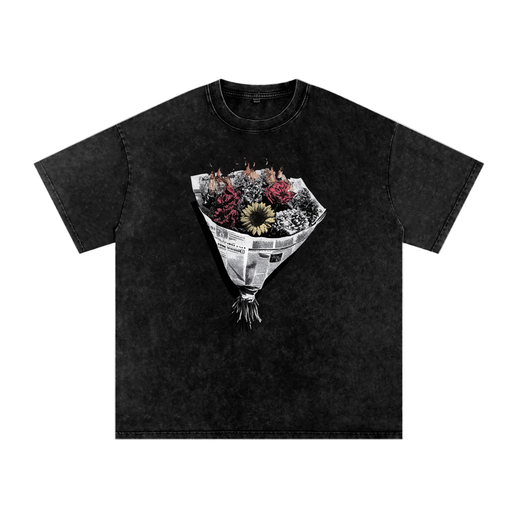 burning flowers t-shirt,gothic streetwear tee,dark art oversized shirt,acid wash unisex fashion,AllFleshRots cotton apparel