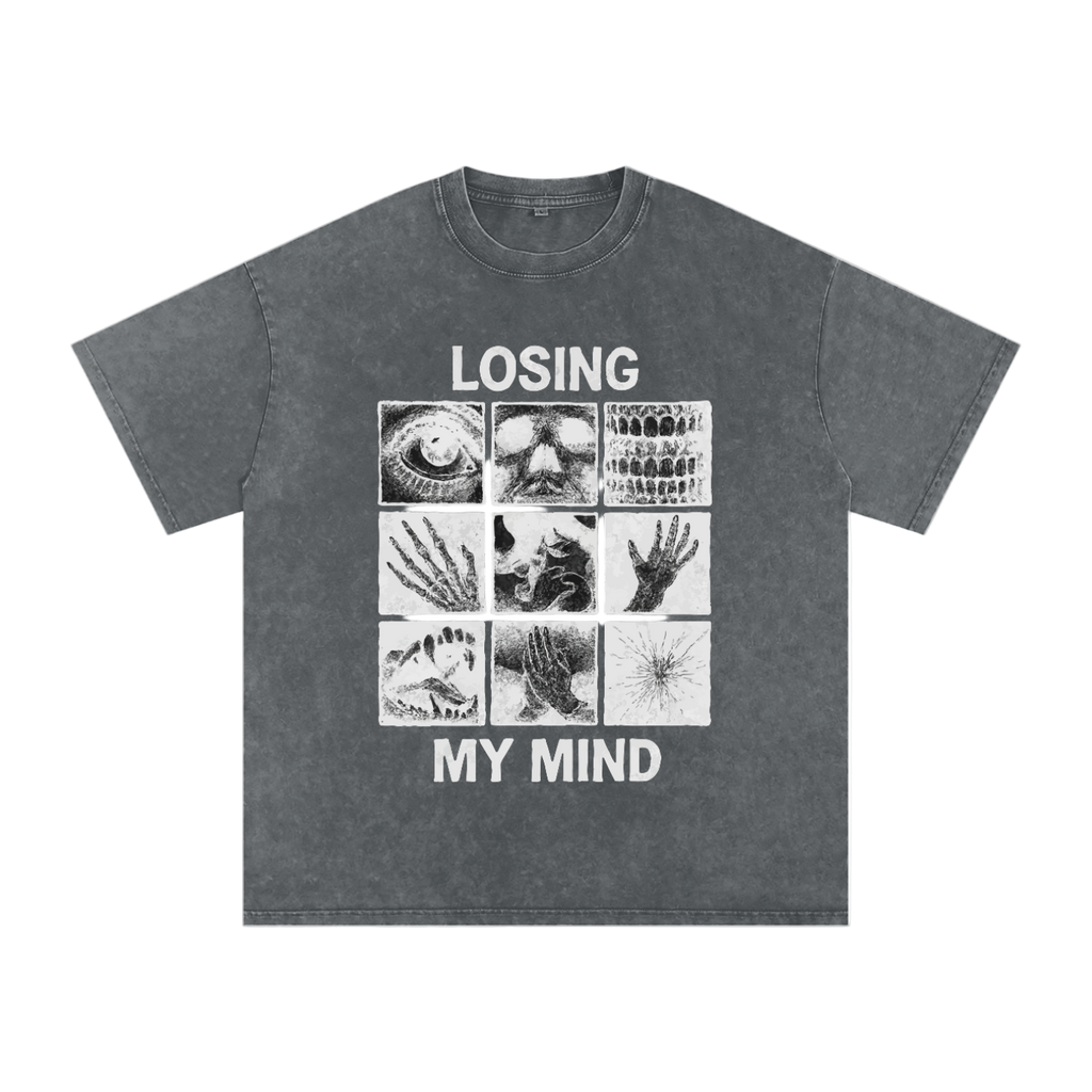 Gray t-shirt with graphic design and text 'LOSING MY MIND' on a white background