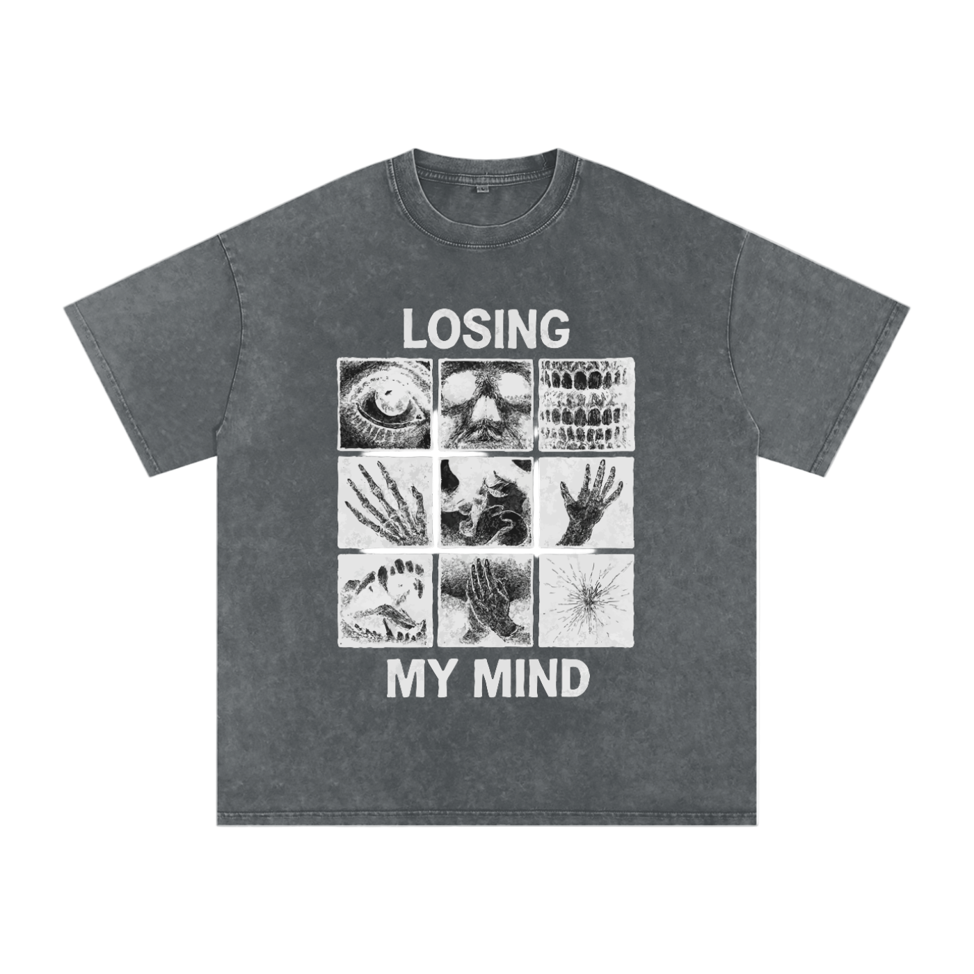 Gray t-shirt with graphic design and text 'LOSING MY MIND' on a white background