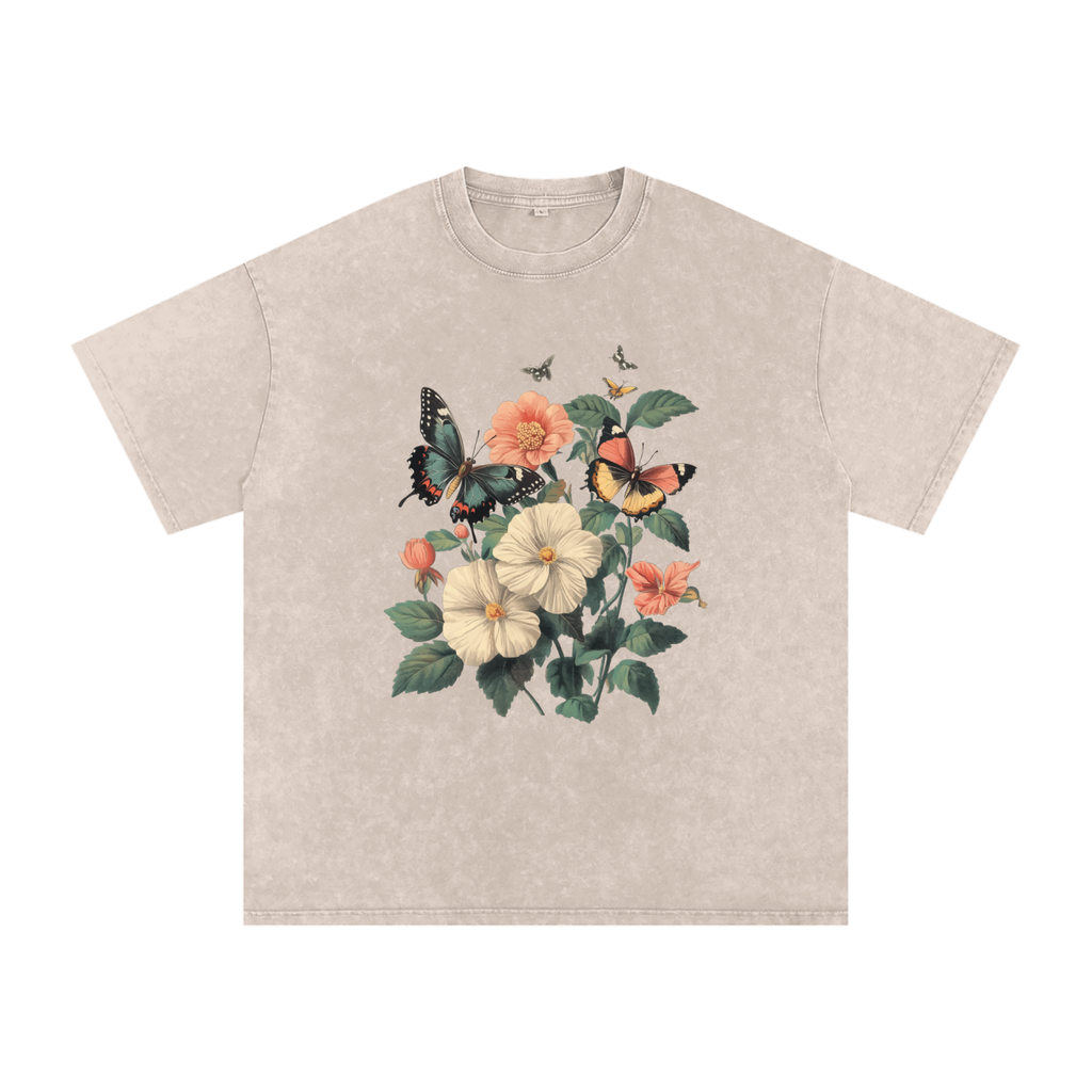 botanical graphic t-shirt,grunge floral fashion,plant and insect design,alternative nature style,nature inspired streetwear,oversized floral shirt,butterfly print tee,aesthetic butterfly top  drop ,drop shoulder casual t-shirt,cottagecore streetwear
