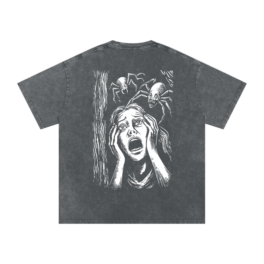 Gray t-shirt with a graphic design of a person with hands over their face and spiders on a white background