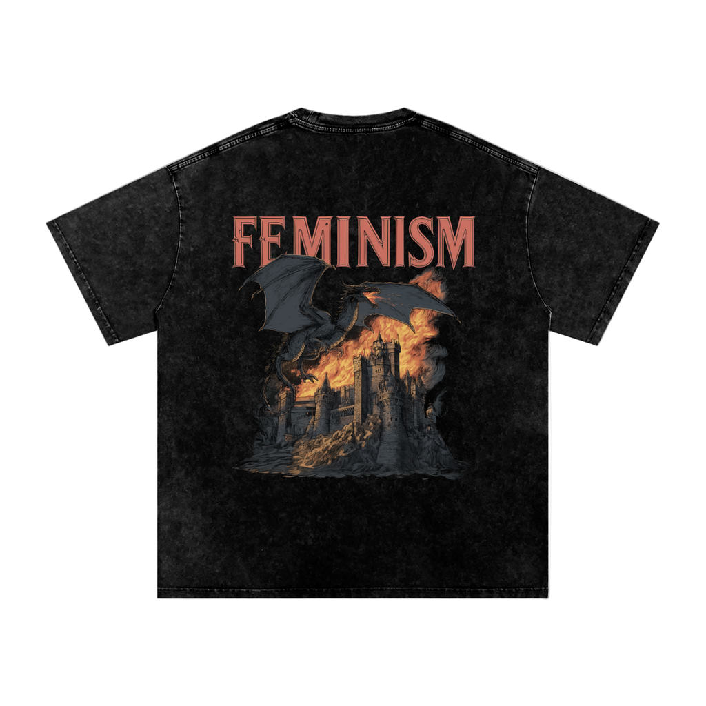 Black t-shirt with 'Feminism' text and graphic design on a white background