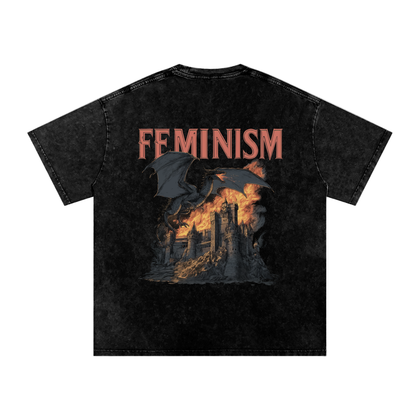 Black t-shirt with 'Feminism' text and graphic design on a white background