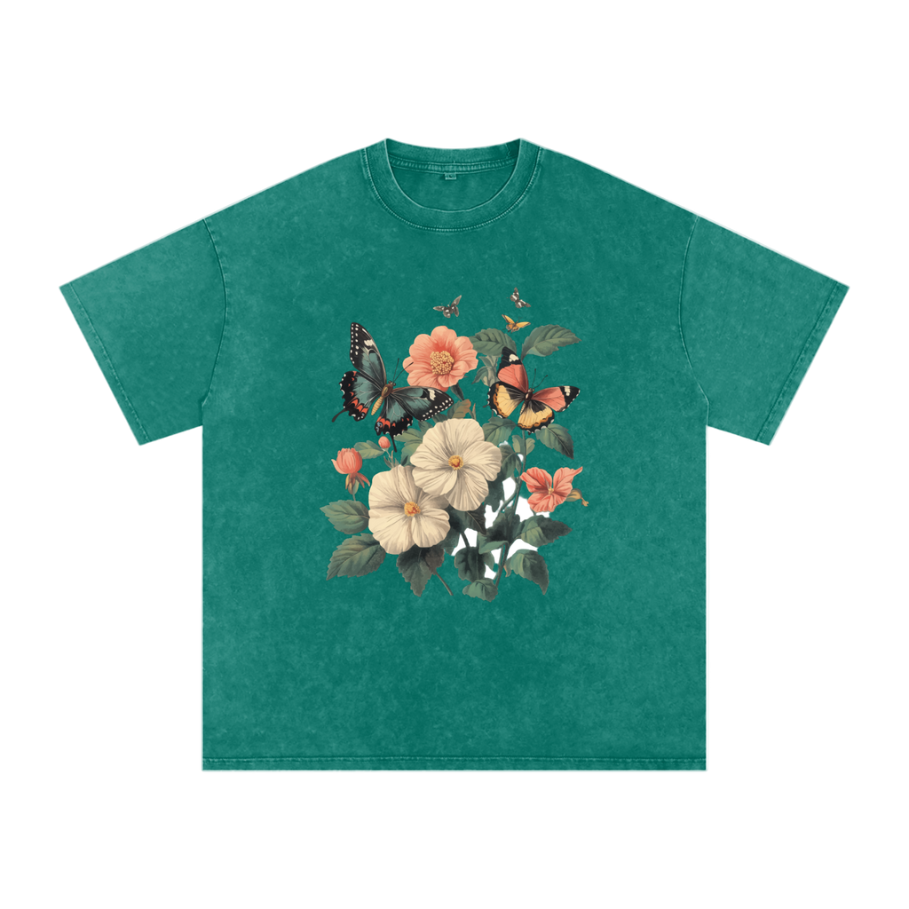 botanical graphic t-shirt,grunge floral fashion,plant and insect design,alternative nature style,nature inspired streetwear,oversized floral shirt,butterfly print tee,aesthetic butterfly top  drop ,drop shoulder casual t-shirt,cottagecore streetwear