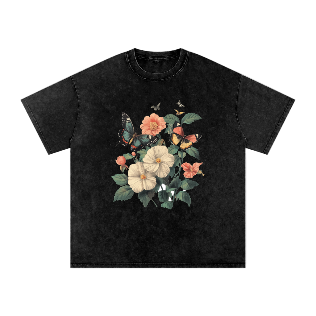 botanical graphic t-shirt,grunge floral fashion,plant and insect design,alternative nature style,nature inspired streetwear,oversized floral shirt,butterfly print tee,aesthetic butterfly top  drop ,drop shoulder casual t-shirt,cottagecore streetwear