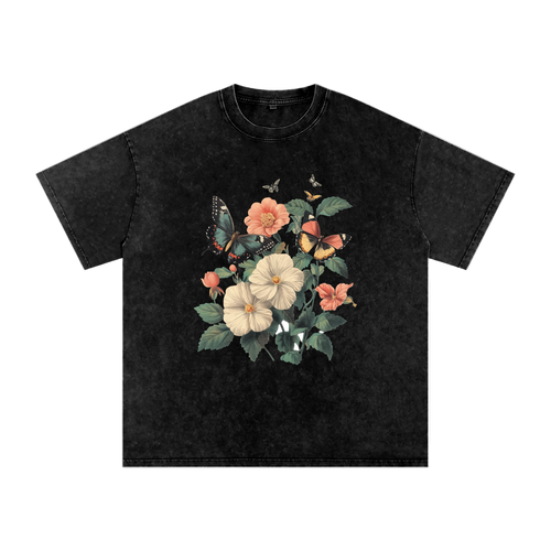botanical graphic t-shirt,grunge floral fashion,plant and insect design,alternative nature style,nature inspired streetwear,oversized floral shirt,butterfly print tee,aesthetic butterfly top  drop ,drop shoulder casual t-shirt,cottagecore streetwear