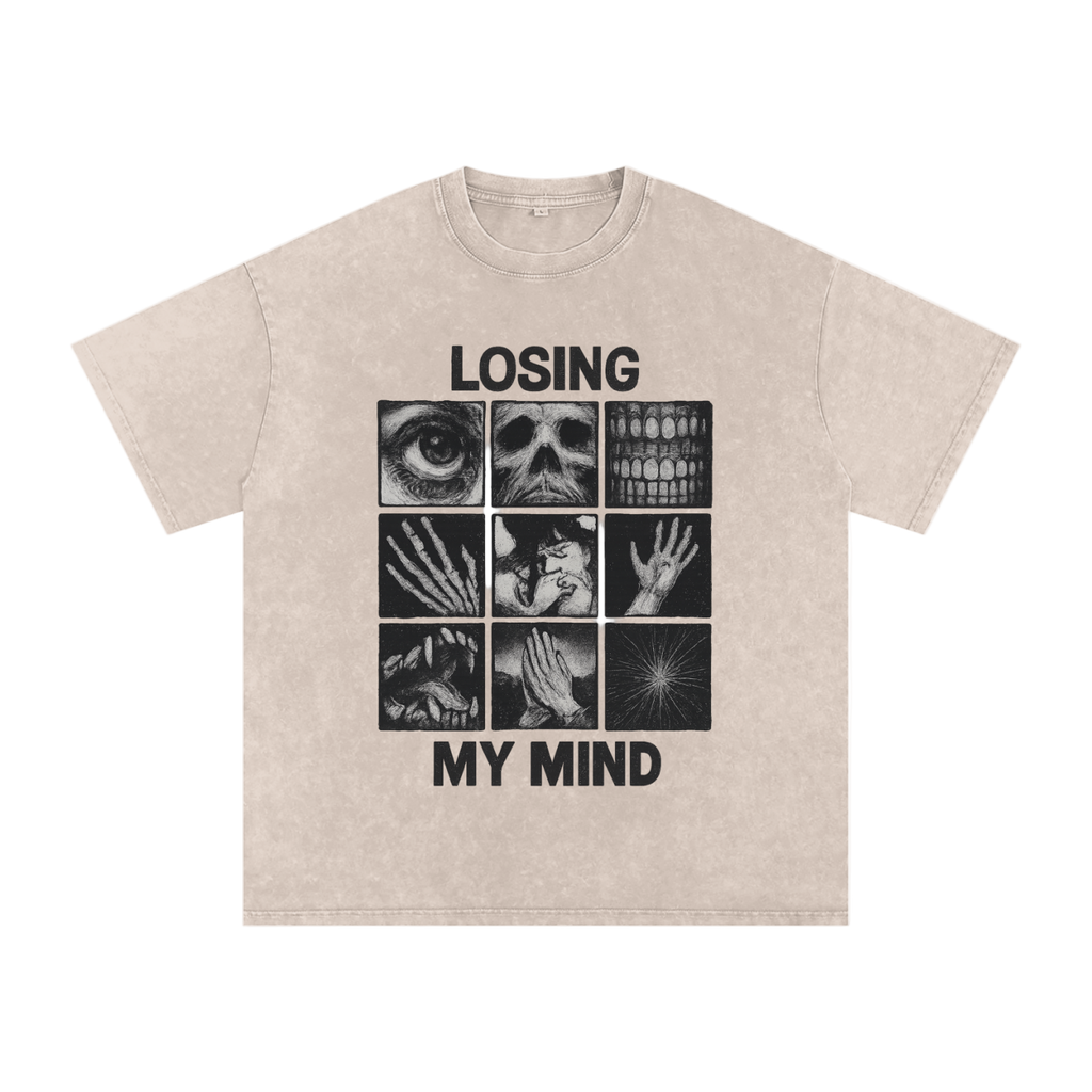 Beige t-shirt with graphic design and text 'Losing My Mind' on a white background