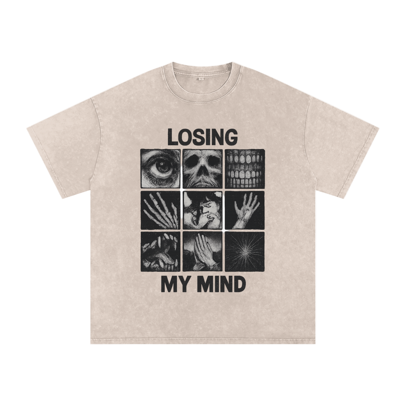 Beige t-shirt with graphic design and text 'Losing My Mind' on a white background